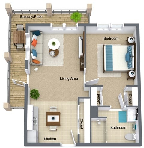 Floor plan for 1 bed, 1 bath, 595 sqft